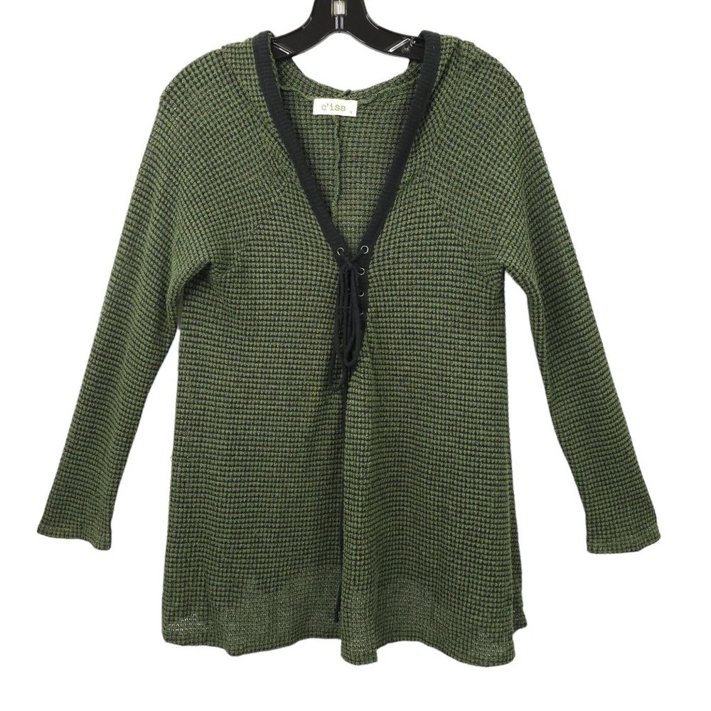 C'isa Hooded Pullover Sweater Womens Size M Green Side Slit Top Long Sleeve - Picture 2 of 15